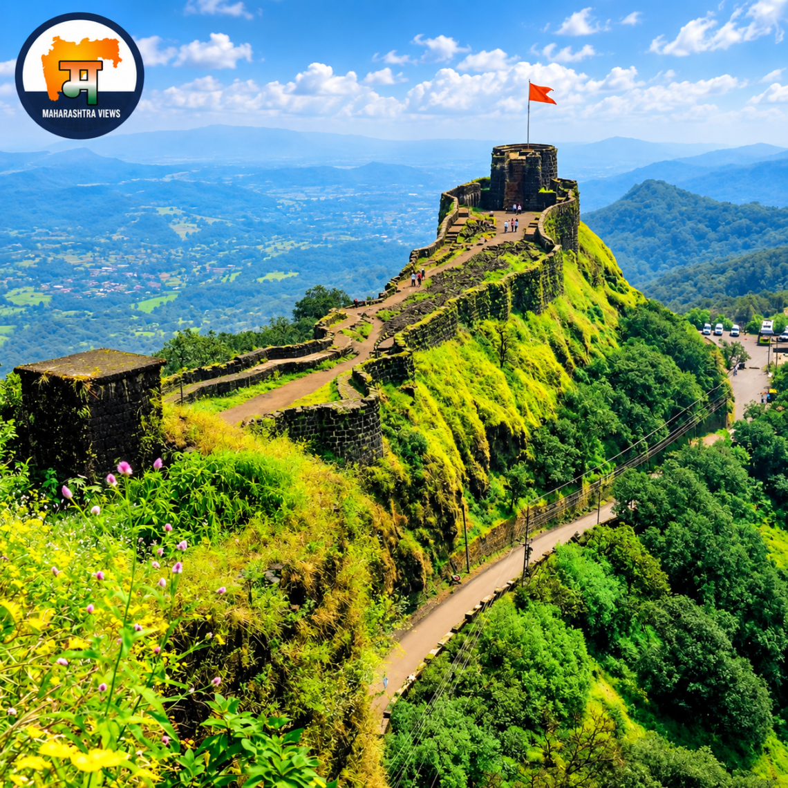 Pratapgad Fort near Mahabaleshwar, showing the historic hill fort and Shivaji Maharaj memorial