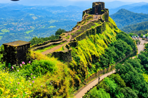 Pratapgad Fort near Mahabaleshwar, showing the historic hill fort and Shivaji Maharaj memorial