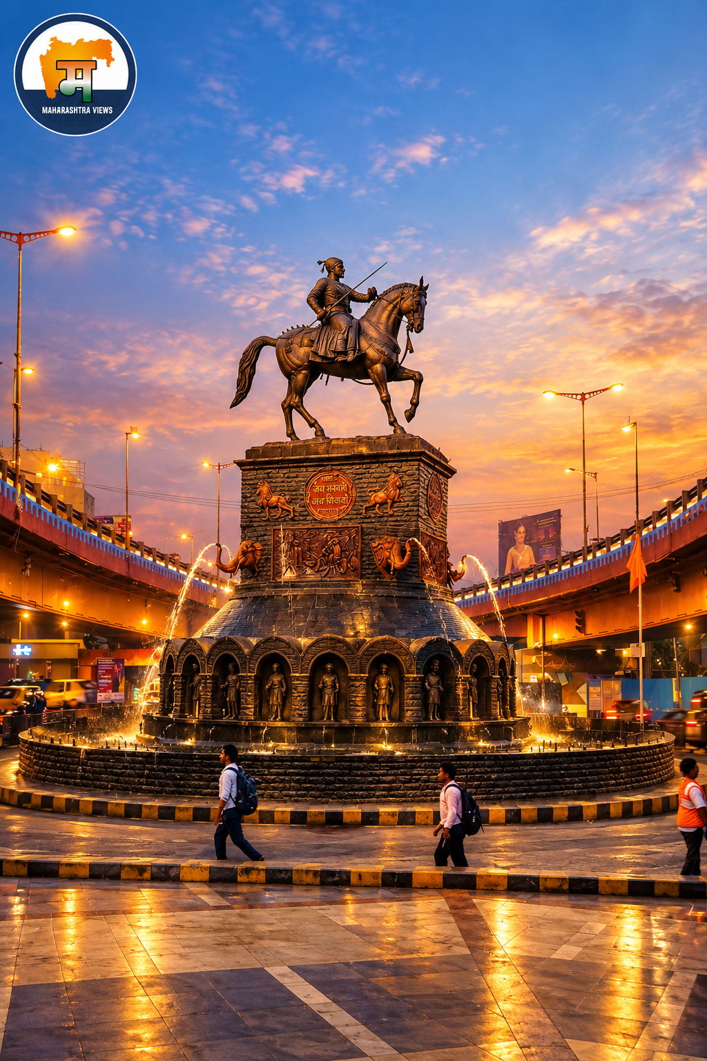 Chhatrapati Sambhajinagar statue and fountain at sunset