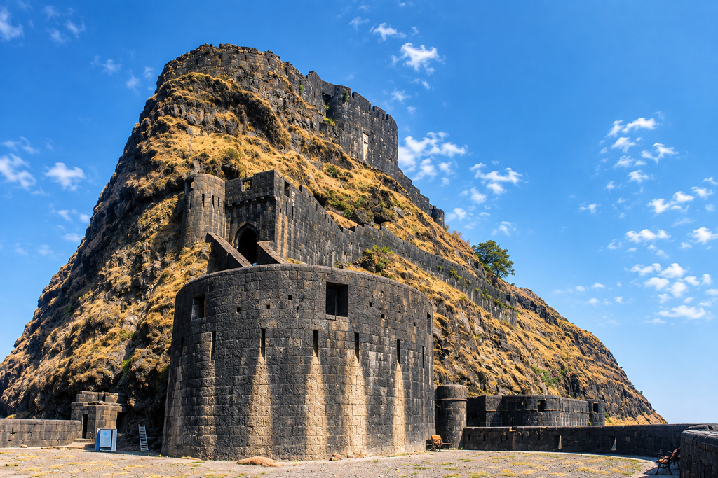 Lohagad Fort standing on a green hilltop surrounded by the scenic Western Ghats near Lonavala.