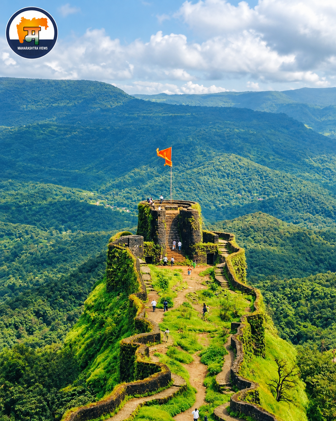 Raigad Fort surrounded by lush green Sahyadri mountains with a saffron flag