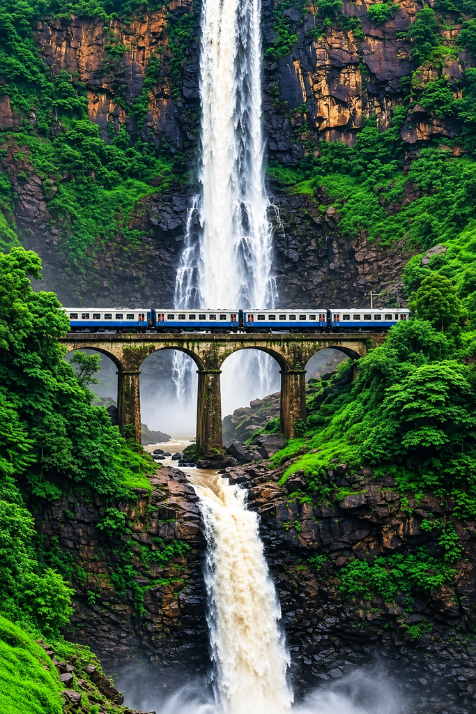 A passenger train passing through the lush green hills of Lonavala during the monsoon season.