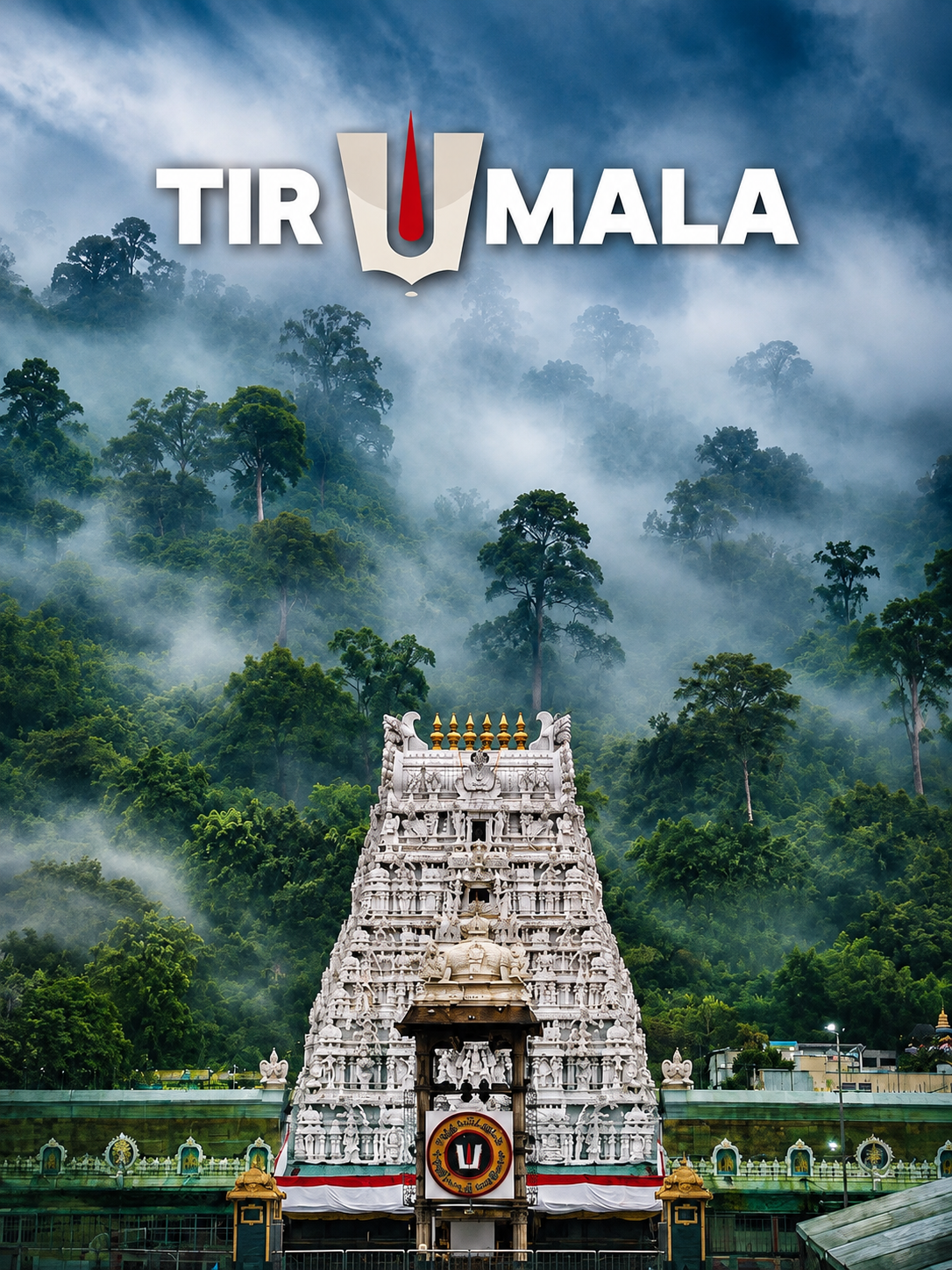 Tirumala temple gopuram surrounded by misty green hills and dense forest.