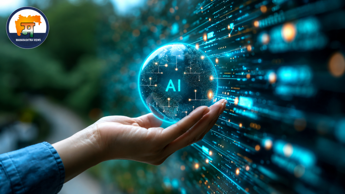 A glowing AI holographic globe marked “AI” held in a human hand, with futuristic digital data streams in the background and the Maharashtra Views logo in the upper-left corner.