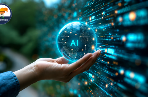 A glowing AI holographic globe marked “AI” held in a human hand, with futuristic digital data streams in the background and the Maharashtra Views logo in the upper-left corner.