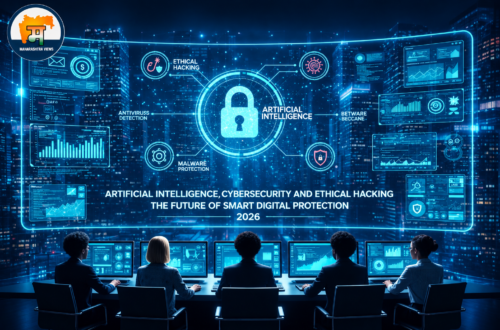 AI cybersecurity command center with five operators monitoring digital security dashboards, a central lock icon, ethical hacking and malware protection visuals, and the Maharashtra Views logo in the upper-left corner.