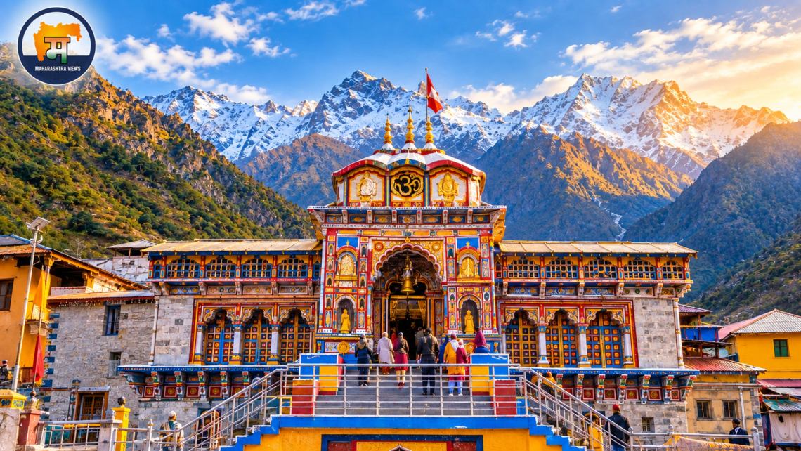Badrinath Dham Temple in Uttarakhand surrounded by snow-covered Himalayan mountains at golden hour, with pilgrims visiting the colourful temple and Maharashtra Views logo in the top-left corner.