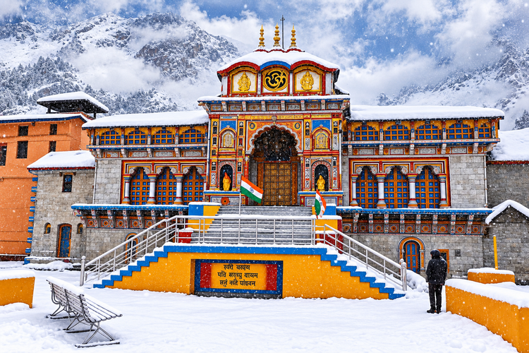 Badrinath Temple covered in snow during winter, featuring beautiful Himalayan mountains, colorful temple architecture, Indian flags