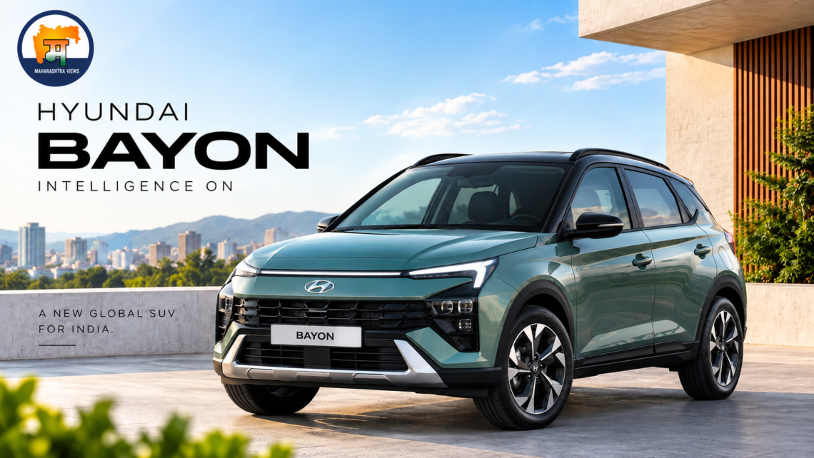 Green Hyundai Bayon SUV displayed on a rooftop terrace with the Maharashtra Views logo in the top-left corner.