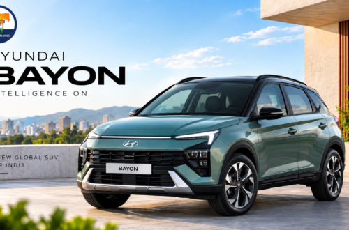 Green Hyundai Bayon SUV displayed on a rooftop terrace with the Maharashtra Views logo in the top-left corner.