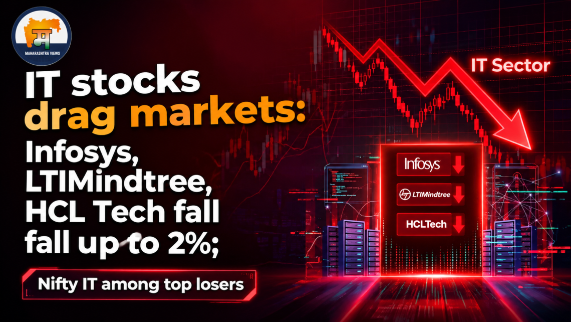 IT stocks market decline graphic showing Infosys, LTIMindtree, and HCLTech falling up to 2%, with a red downward arrow and stock-market chart.