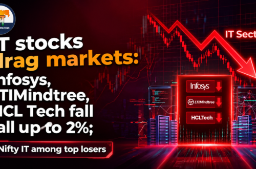 IT stocks market decline graphic showing Infosys, LTIMindtree, and HCLTech falling up to 2%, with a red downward arrow and stock-market chart.