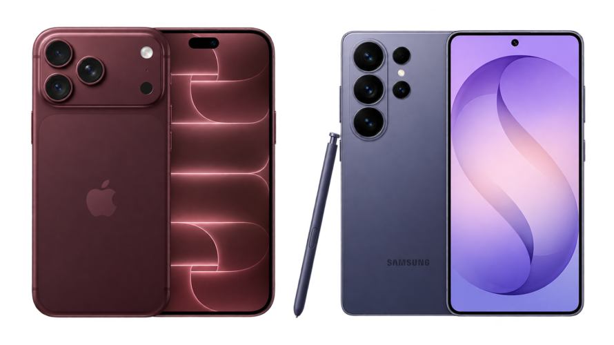 iPhone 18 Pro and Samsung Galaxy S26 Ultra shown side by side, displaying their rear and front designs, with the Galaxy S26 Ultra's S Pen placed between them.