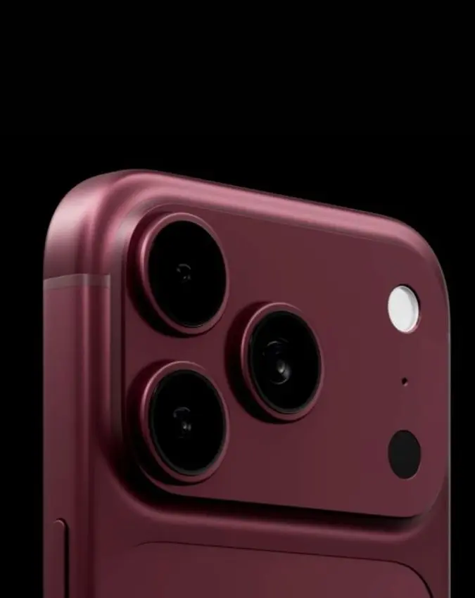 iPhone 18 Pro in deep red color showing triple camera setup with 48MP main sensor and variable aperture lens