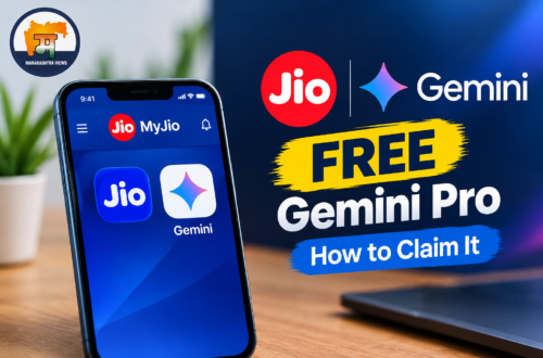 Jio and Gemini Pro free offer promotional graphic showing the MyJio app on a smartphone, with the Maharashtra Views logo in the upper-left corner.