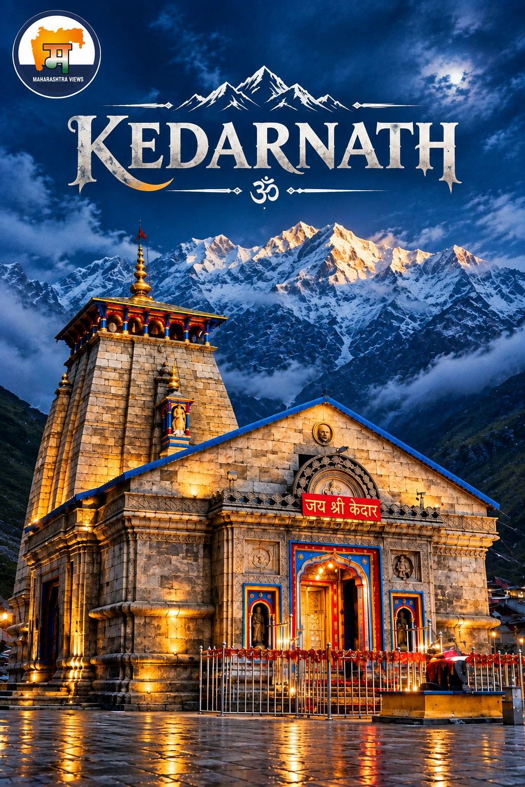 Kedarnath Temple at dusk with snow-covered Himalayan peaks