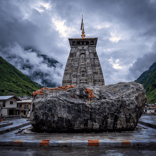 Kedarnath Temple with a large sacred rock in the foreground and misty Himalayan mountains