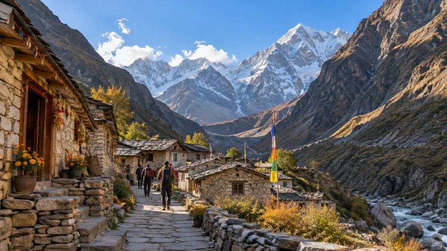 Scenic view of Mana Village near Badrinath, Uttarakhand, featuring traditional stone houses, trekkers walking along a mountain pathway, a flowing Himalayan river and majestic snow-covered peak