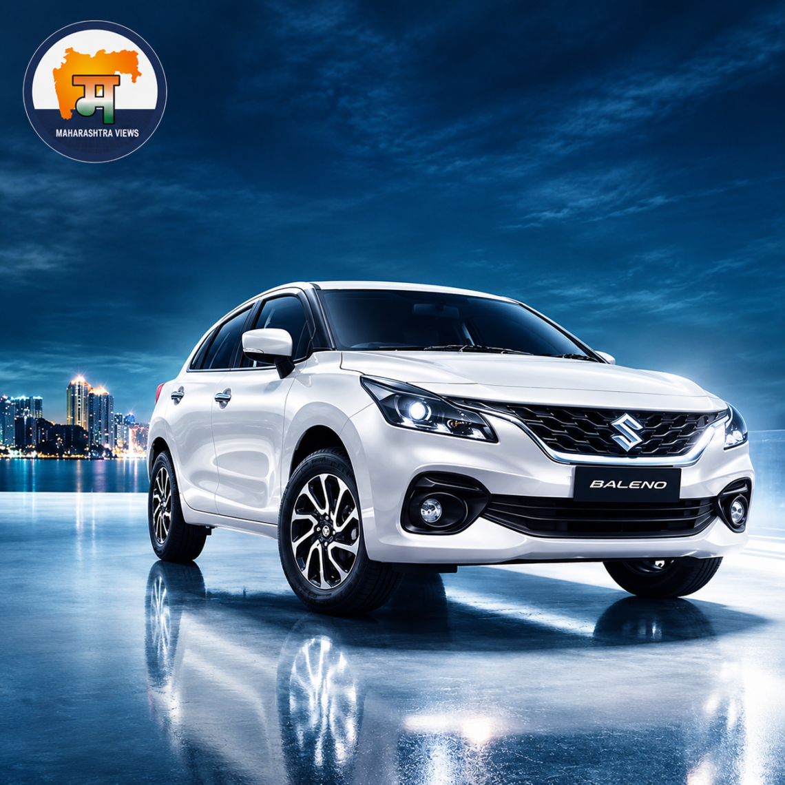 White Maruti Suzuki Baleno on a wet reflective surface at night, with a city skyline in the background and the Maharashtra Views logo in the upper-left corner.