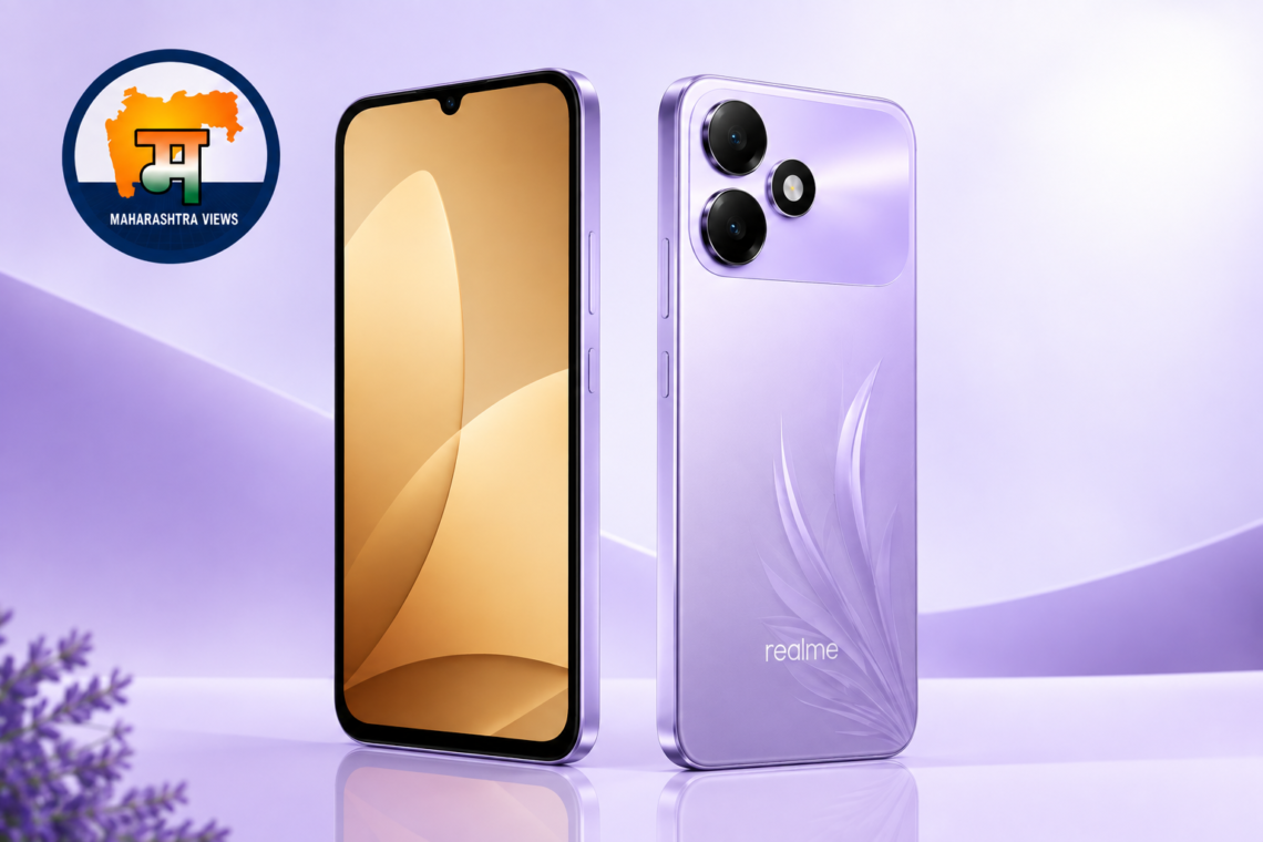 Oppo K14 Lite purple smartphone front and back with Maharashtra Views logo
