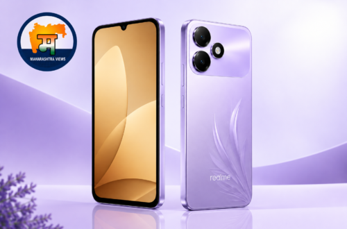Oppo K14 Lite purple smartphone front and back with Maharashtra Views logo
