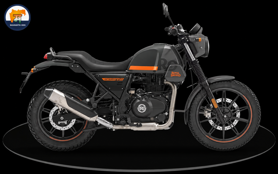 Royal Enfield Scram 440 motorcycle in a black studio-style background with the Maharashtra Views logo in the upper-left corner.