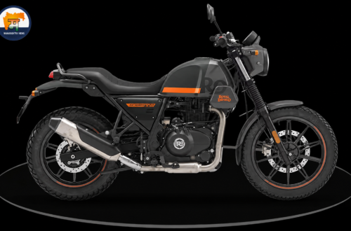 Royal Enfield Scram 440 motorcycle in a black studio-style background with the Maharashtra Views logo in the upper-left corner.