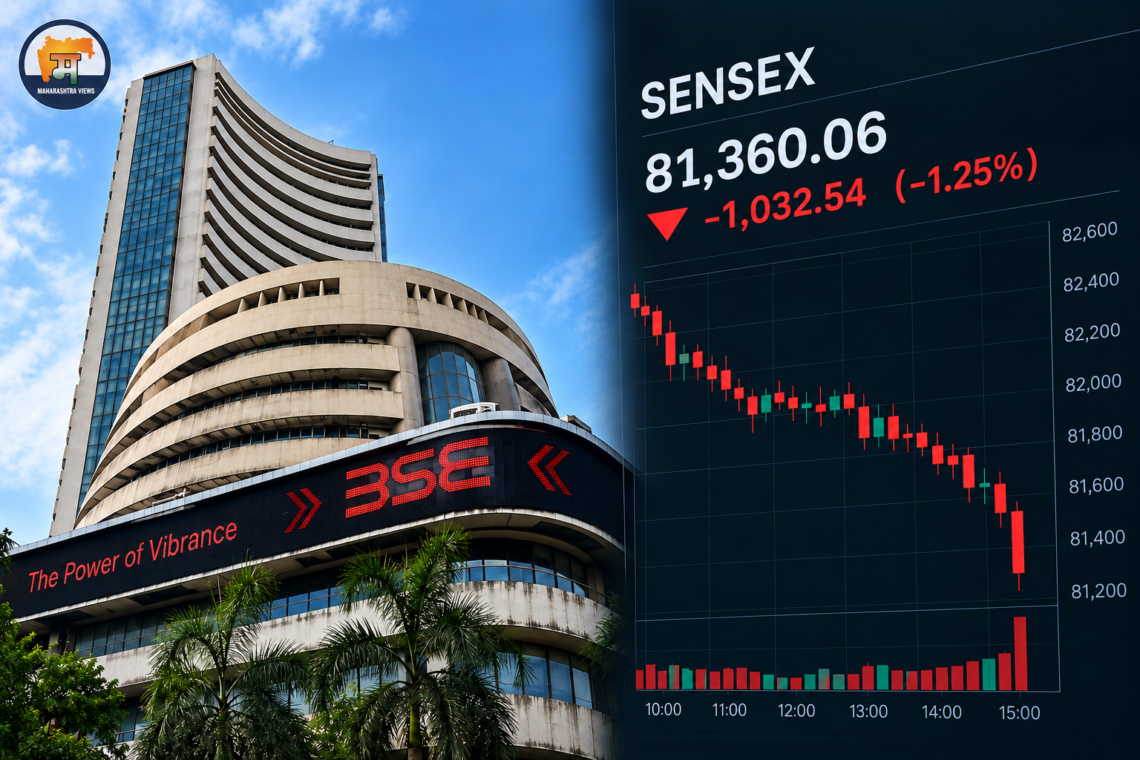 Sensex crash shown with the BSE building and a falling red candlestick stock market chart