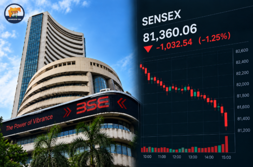 Sensex crash shown with the BSE building and a falling red candlestick stock market chart