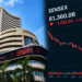 Sensex crash shown with the BSE building and a falling red candlestick stock market chart