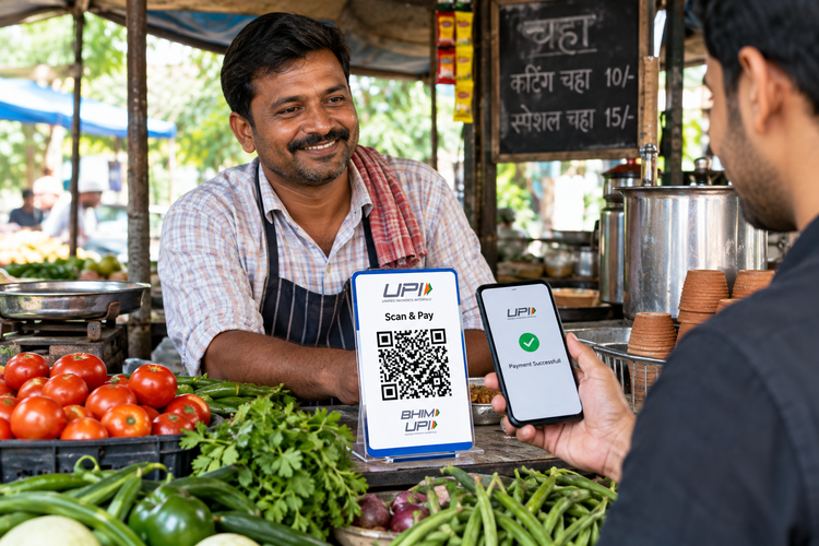 Small vegetable and tea stall vendor accepting a UPI payment through a QR code