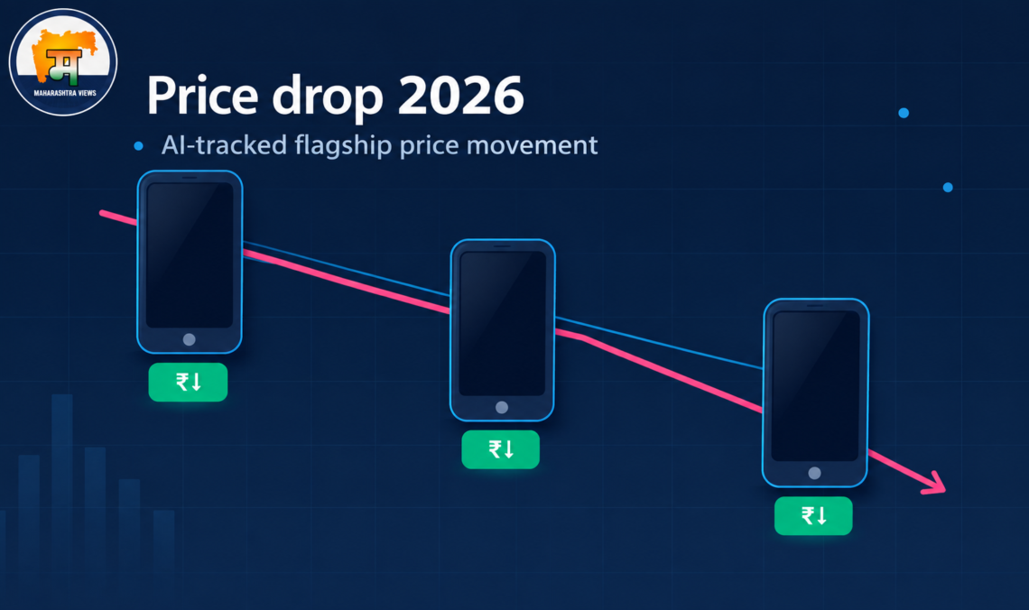 Price drop 2026 illustration showing flagship smartphones with falling price.
