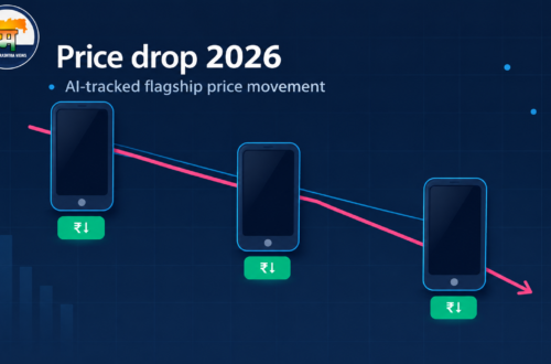 Price drop 2026 illustration showing flagship smartphones with falling price.