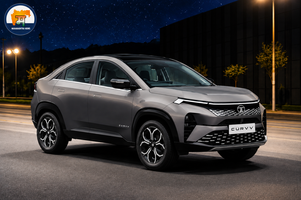 Tata Curvv SUV displayed in a premium nighttime setting