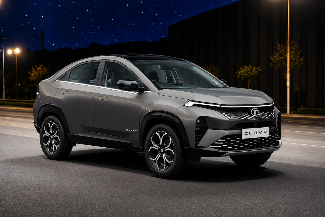 Tata Curvv SUV displayed in a premium nighttime setting