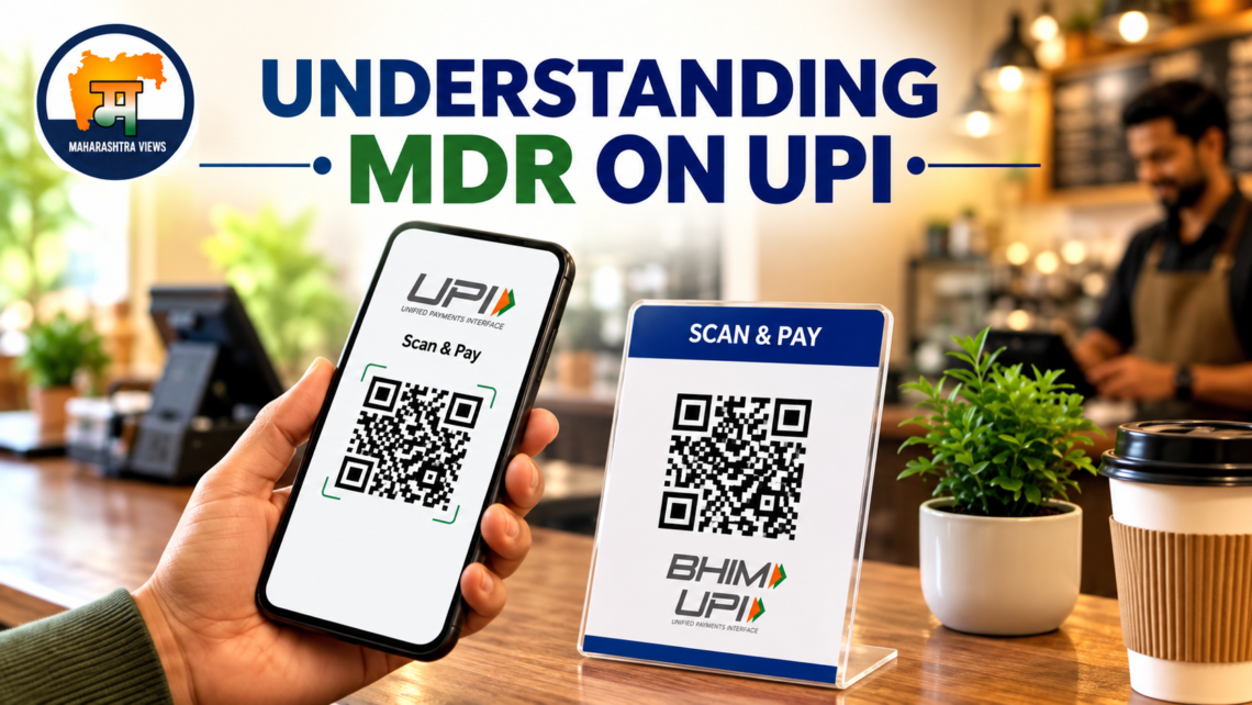 UPI MDR charges 2026 explained with a QR code payment, smartphone, and Maharashtra Views logo