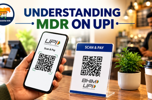 UPI MDR charges 2026 explained with a QR code payment, smartphone, and Maharashtra Views logo
