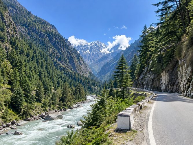 Mountain road through Harsil valley on the way to Gangotri
