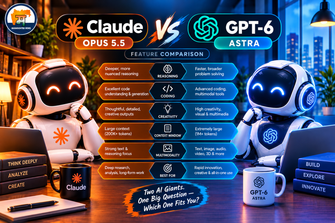 Claude Opus 5.5 vs GPT-6 Astra comparison graphic with two chat windows side by side