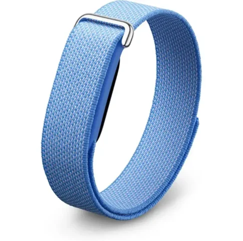Close view of Google Fitbit Air sensor module and woven band with steel buckle