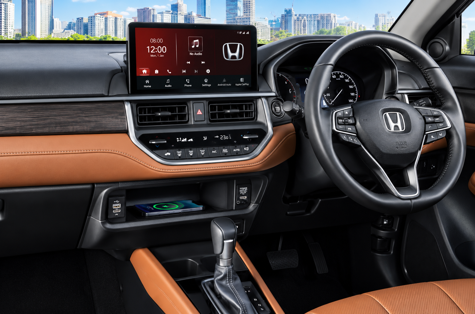 Honda Elevate Facelift interior dashboard with 10.25-inch touchscreen and dual-tone cabin theme