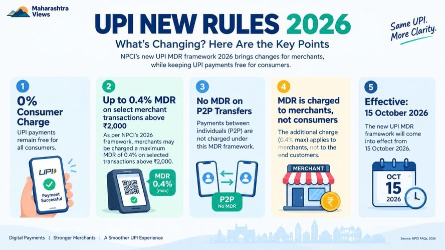  Infographic of UPI new rules 2026 showing 15 October start date and zero MDR up to ₹2,000
