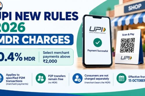 UPI new rules 2026 shown on a smartphone with a QR code payment at a shop counter