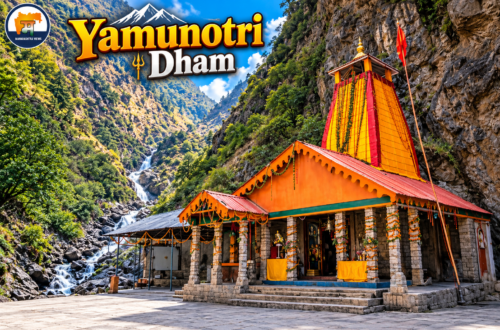 Yamunotri Dham temple surrounded by snow-capped Himalayan peaks in Uttarakhand
